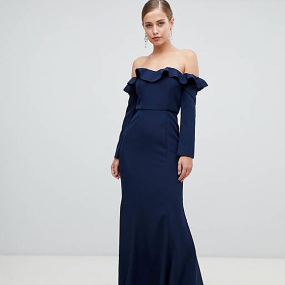 Yaura ASOS Frill Off Shoulder Fishtail Gown - Navy - Size 4 - Brand New BNWT - Picture 14 of 14